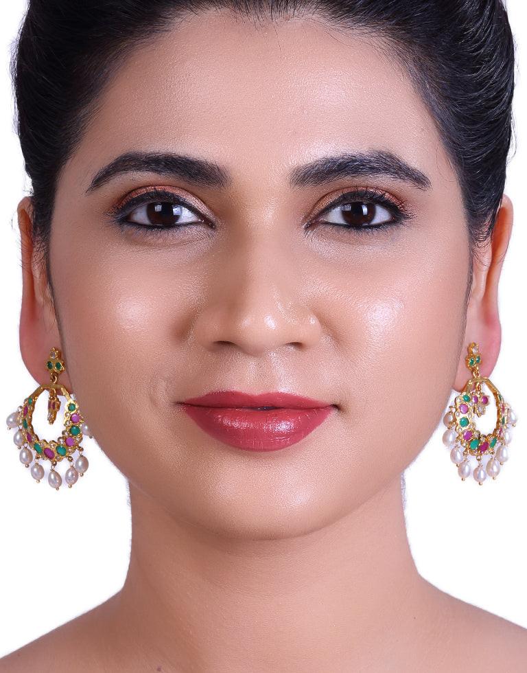 Traditional Chand Bali with Multi-Color Stones & Pearl Drop