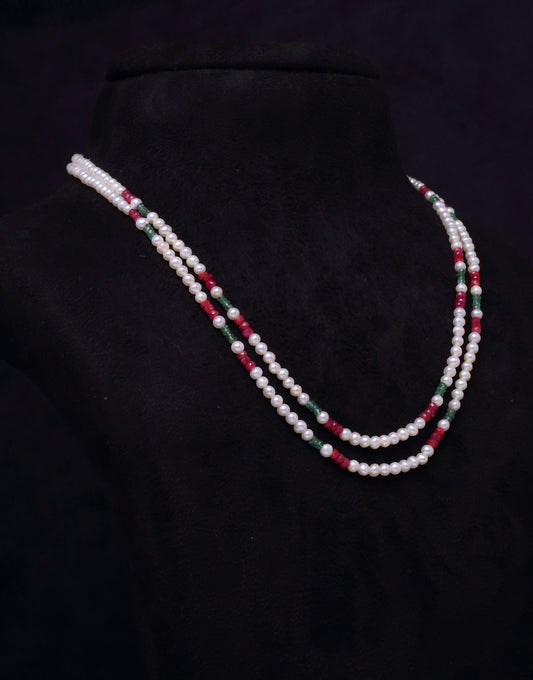 Emerald and Ruby Beads Pearl Necklace