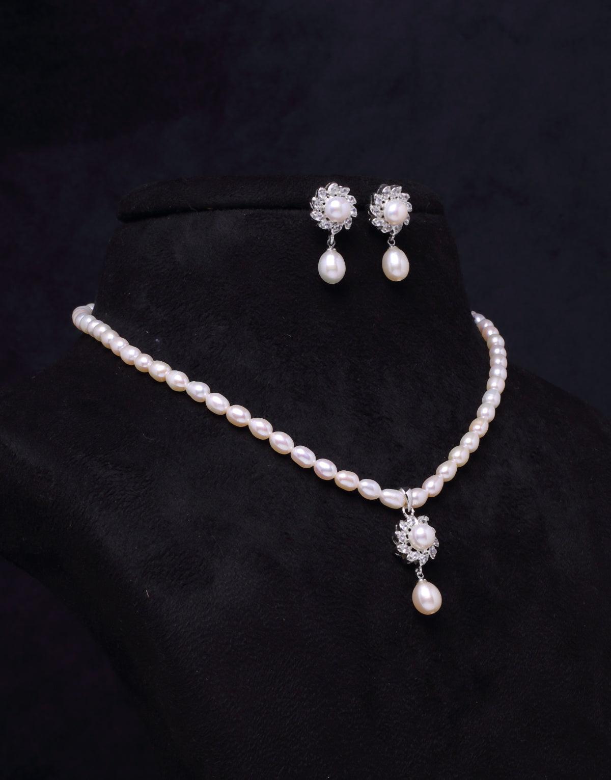 Flower Shaped Depicted Design Set In Cz Stones Tangled In Beaded Pearl Necklace Set