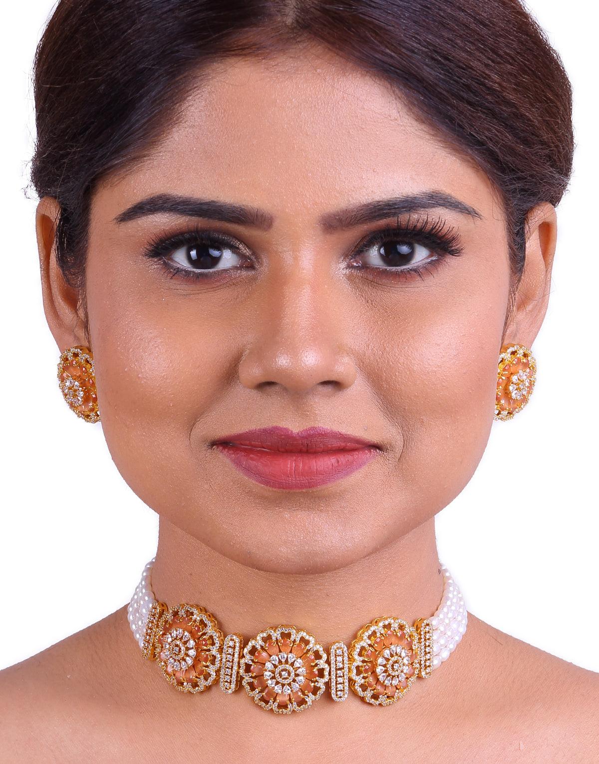 Dazzling Drop-shaped Freshwater Pearl Choker Set, With Cz Semi Precious Stone