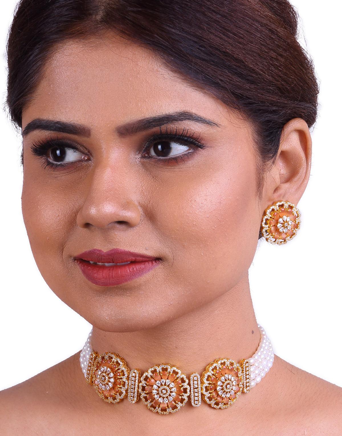 Dazzling Drop-shaped Freshwater Pearl Choker Set, With Cz Semi Precious Stone