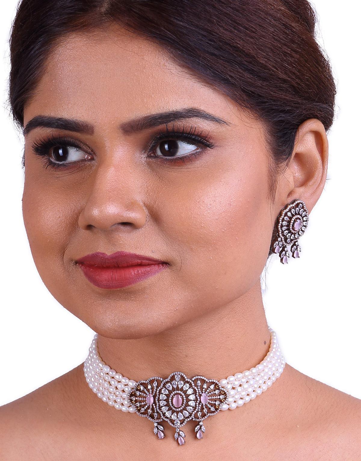 Stunning Beauty- Freshwater Pearl Choker Set, With Cz Semi Precious Stone