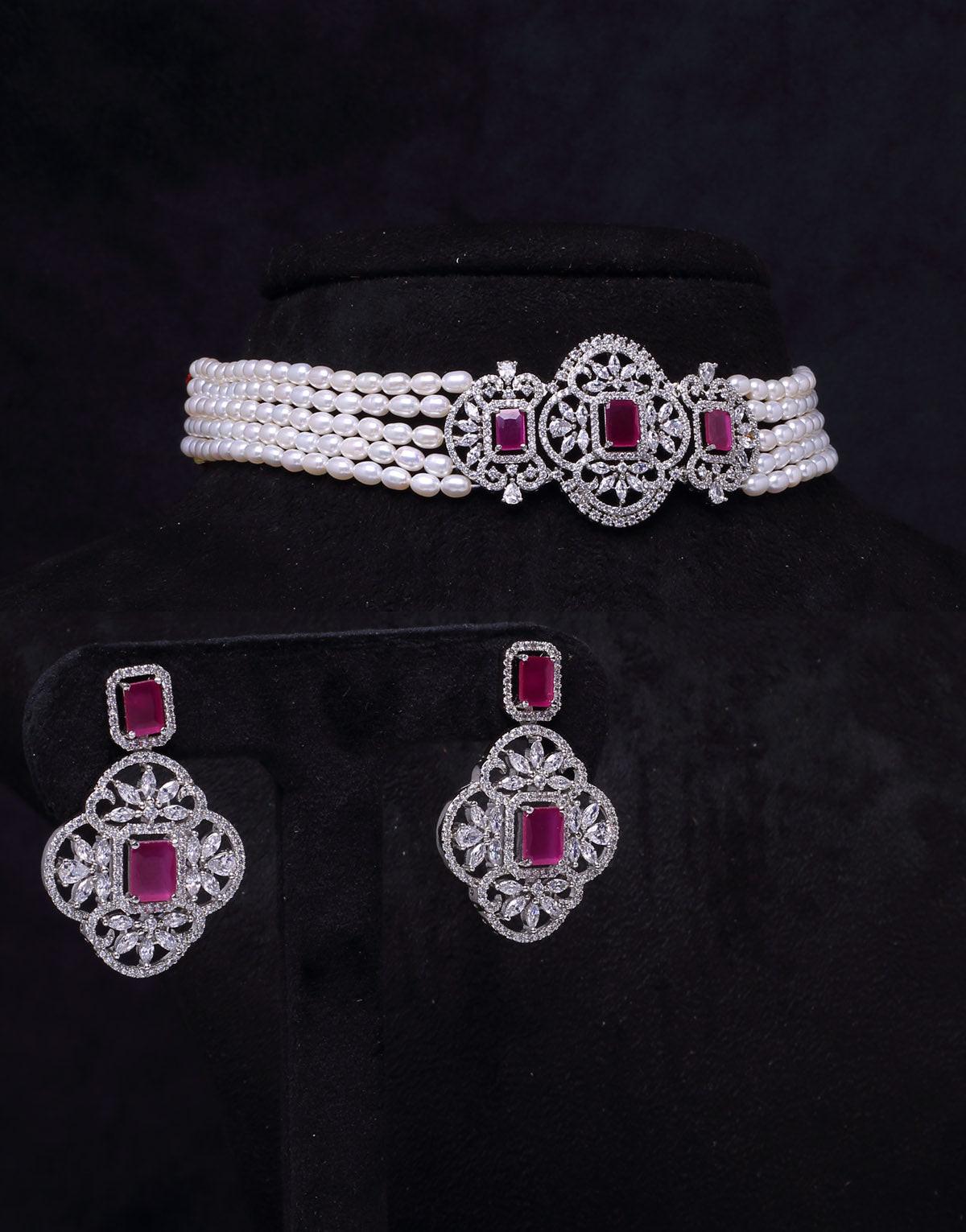 Lovely Sparkle- Freshwater Pearl Choker Set, With Cz Semi Precious Stone
