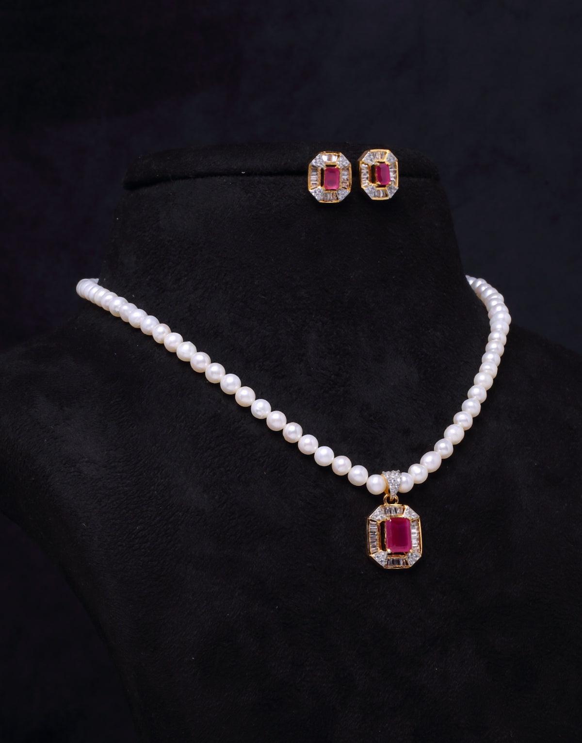 White Round Beaded Pearl Necklace With Stone Set Pendant (Cz-Semi Precious Stone)