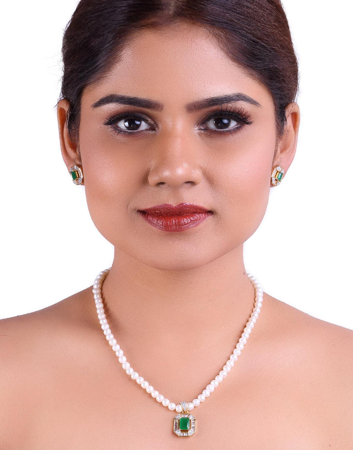 White Round Beaded Pearl Necklace With Stone Set Pendant (Cz-Semi Precious Stone)
