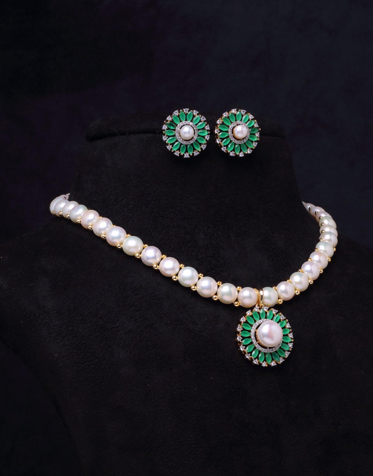 Radiant Freshwater Button Pearl Set with Cz Semi Precious Stone