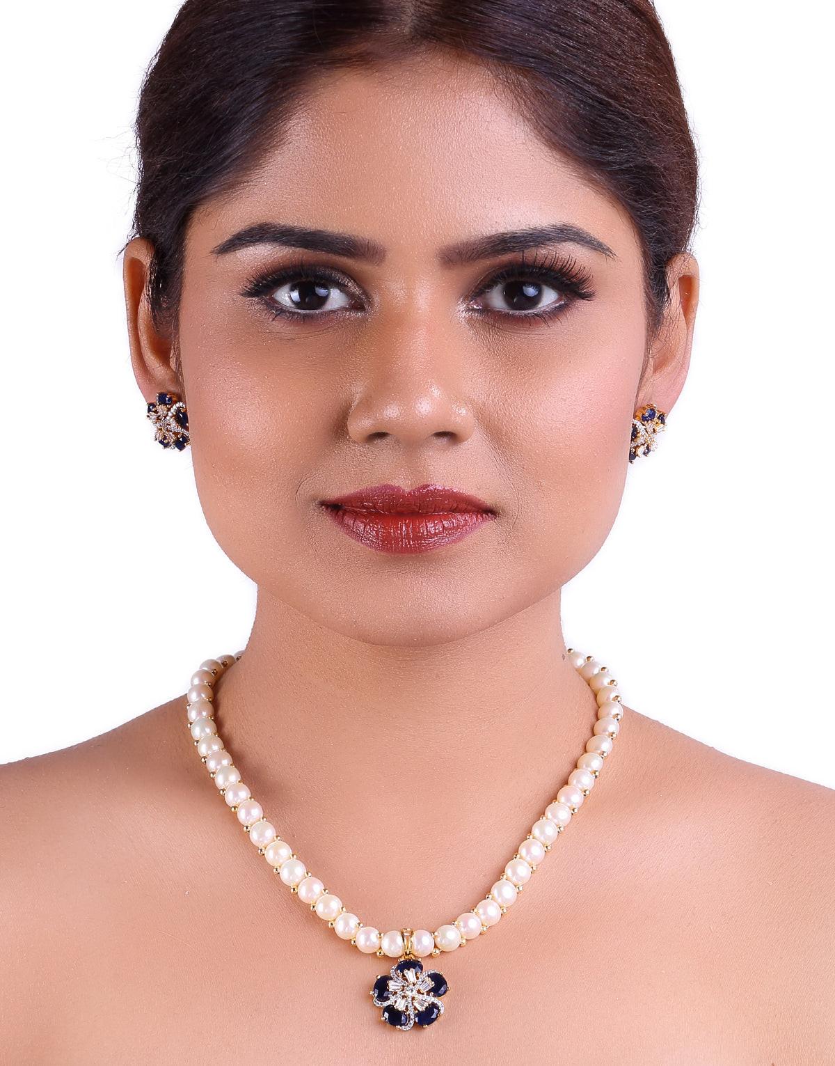 A Touch of Glitz Freshwater Button Pearl Set with Cz Semi Precious Stone