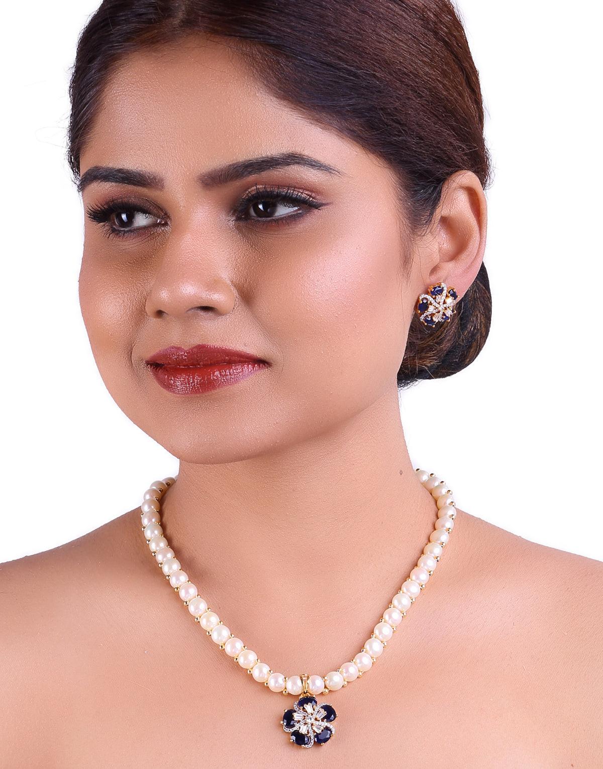 A Touch of Glitz Freshwater Button Pearl Set with Cz Semi Precious Stone