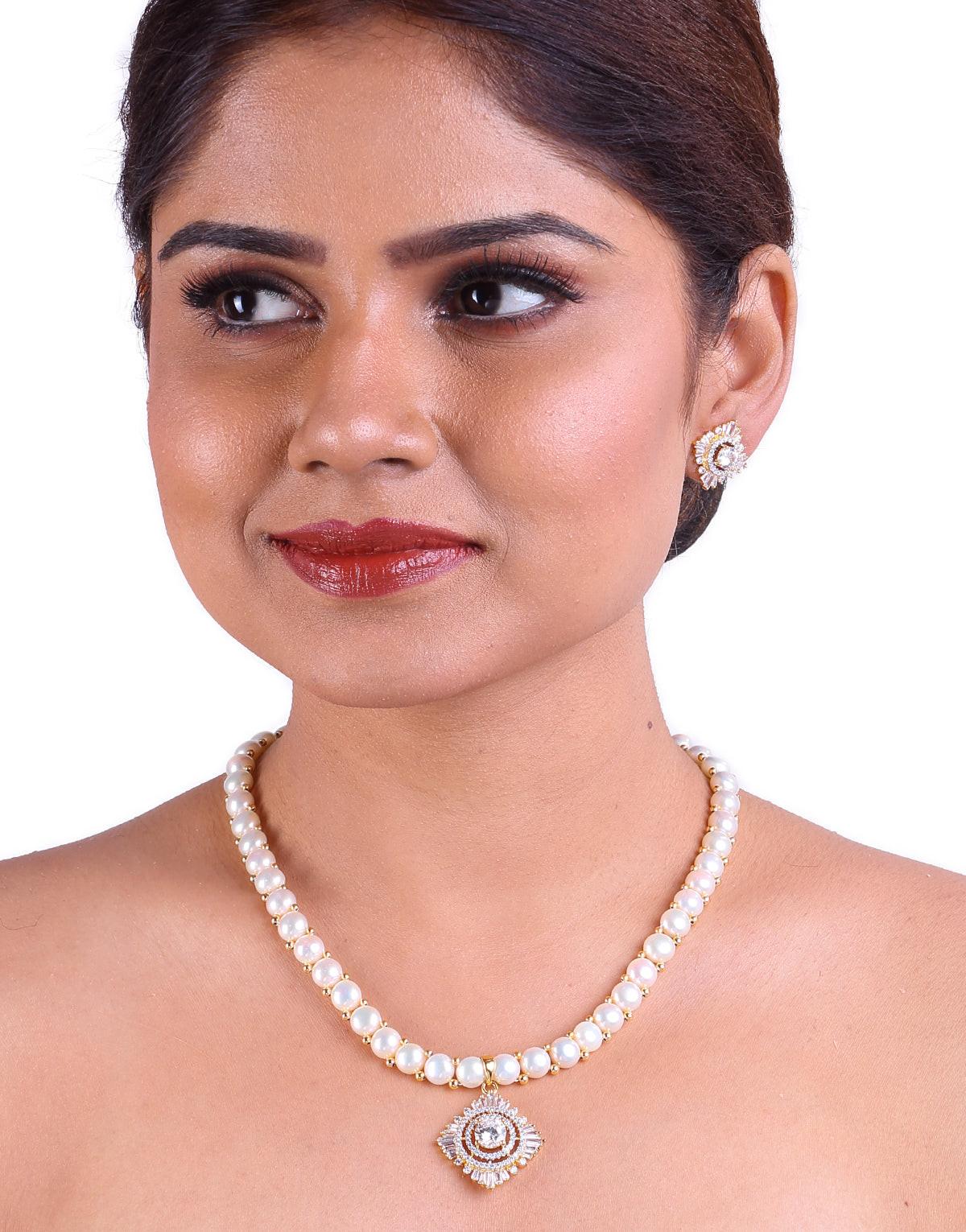 Lustrous and Dazzling Freshwater Button Pearl Set, With Cz Semi Precious Stone