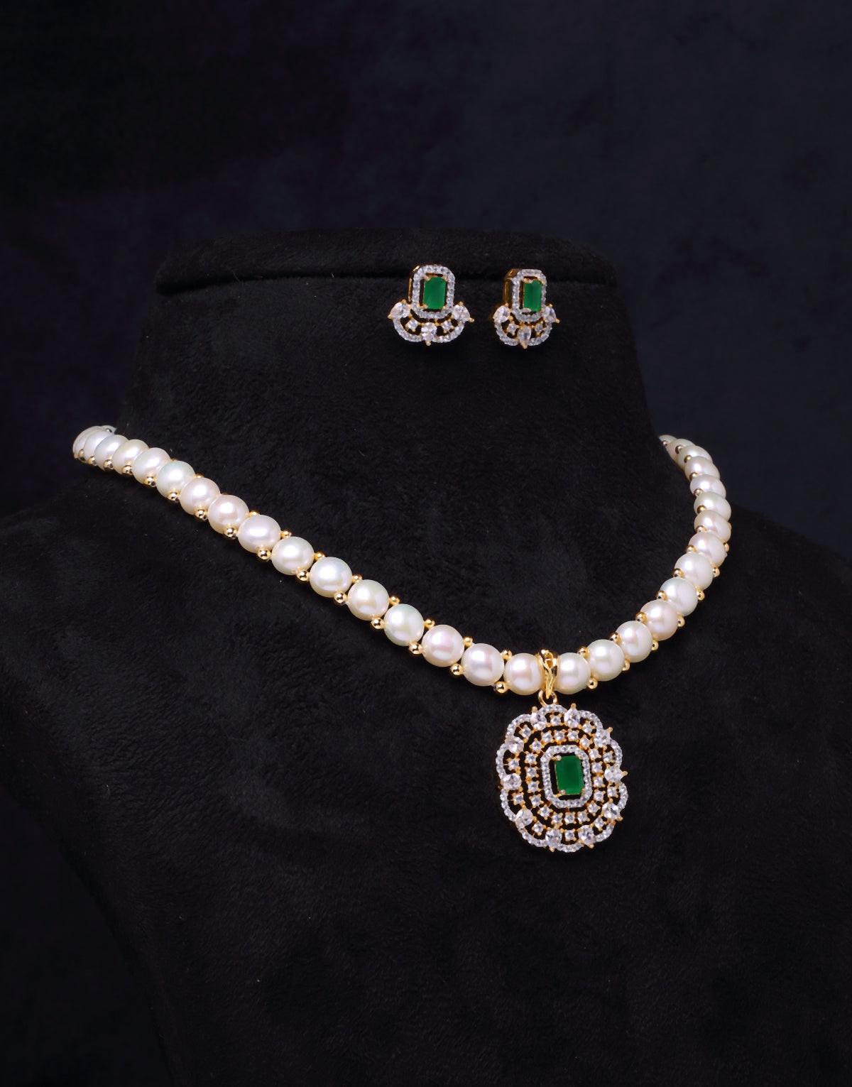 Exquisite Combination of Freshwater Button Pearl Set, With Cz Semi Precious Stone