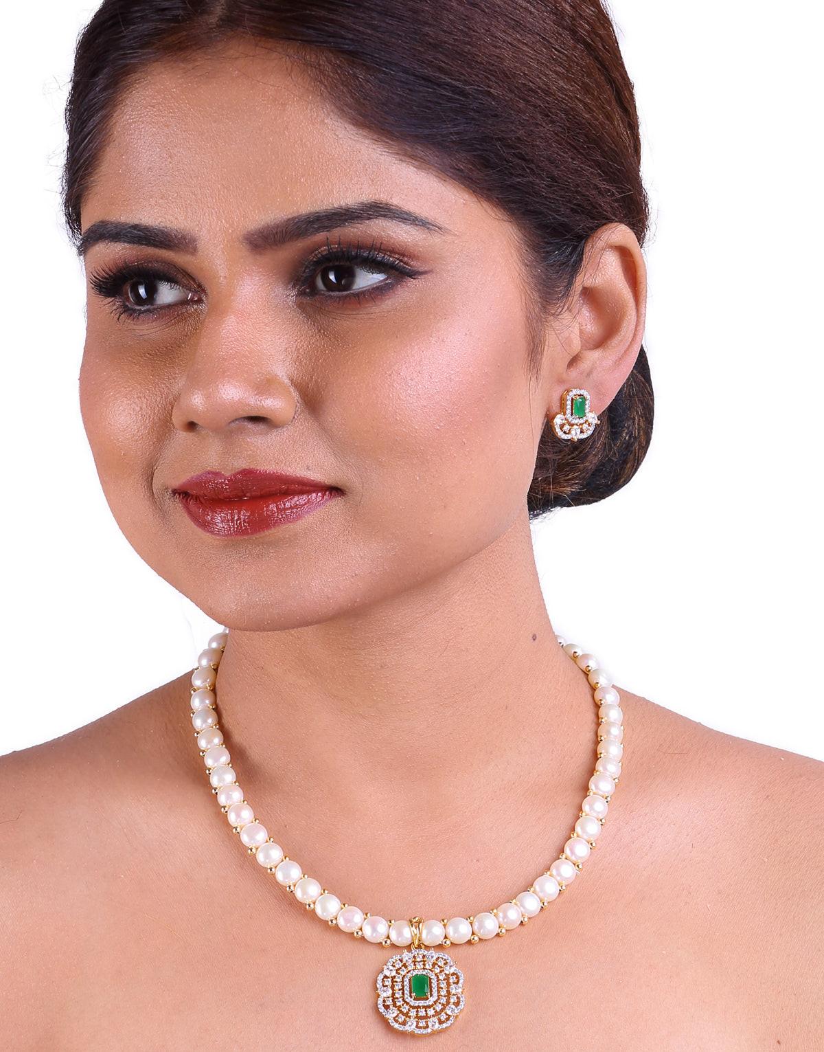 Exquisite Combination of Freshwater Button Pearl Set, With Cz Semi Precious Stone