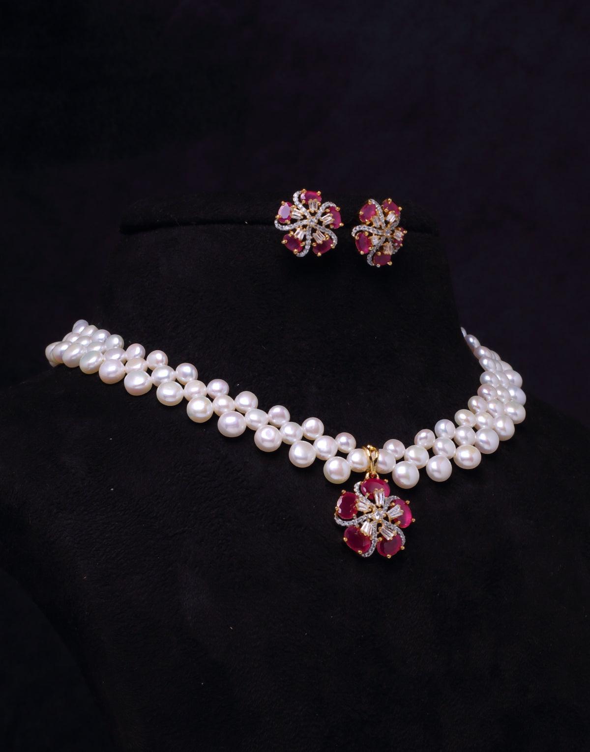 Attractive and Elegant- Freshwater Button Pearl Set, With Cz Semi Precious Stone