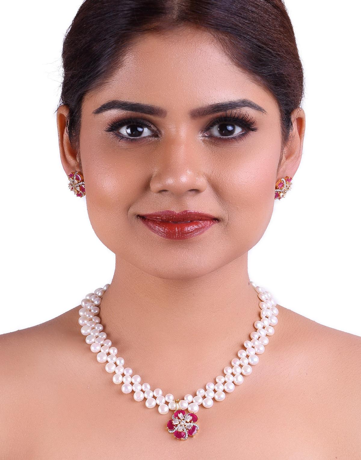 Attractive and Elegant- Freshwater Button Pearl Set, With Cz Semi Precious Stone