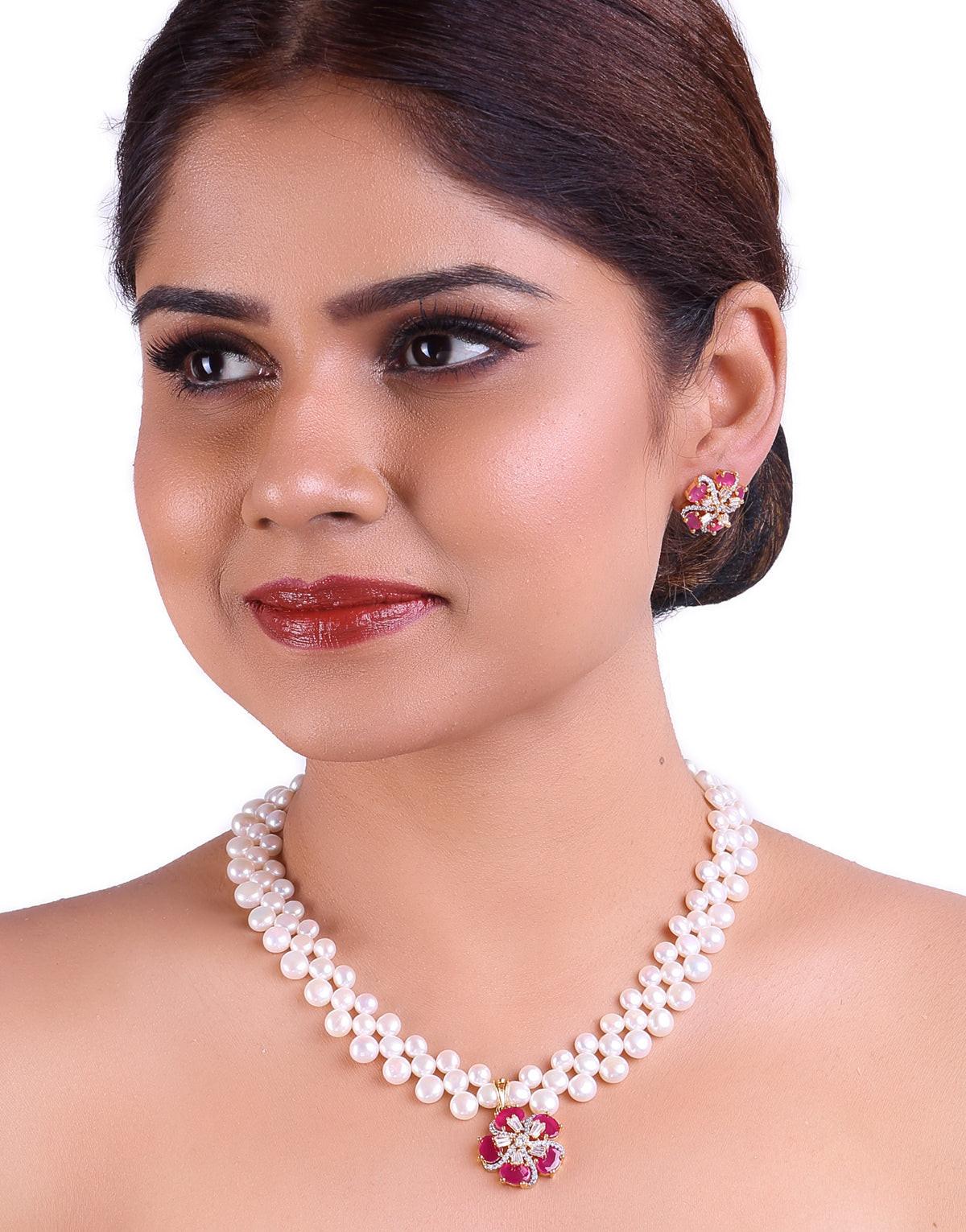 Attractive and Elegant- Freshwater Button Pearl Set, With Cz Semi Precious Stone