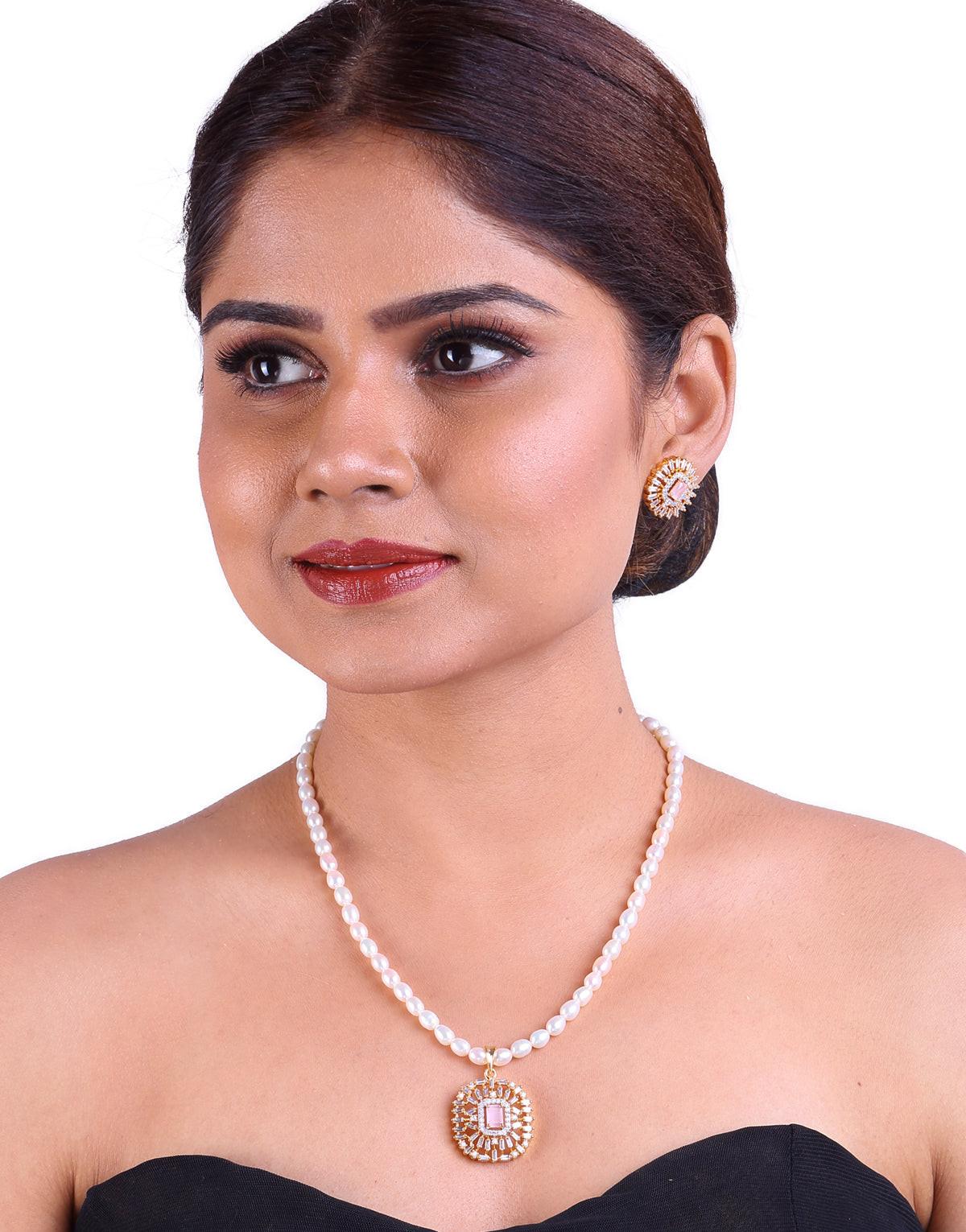 Elegant Freshwater Oval Shape Pearl Set, With Cz Semi Precious Stone