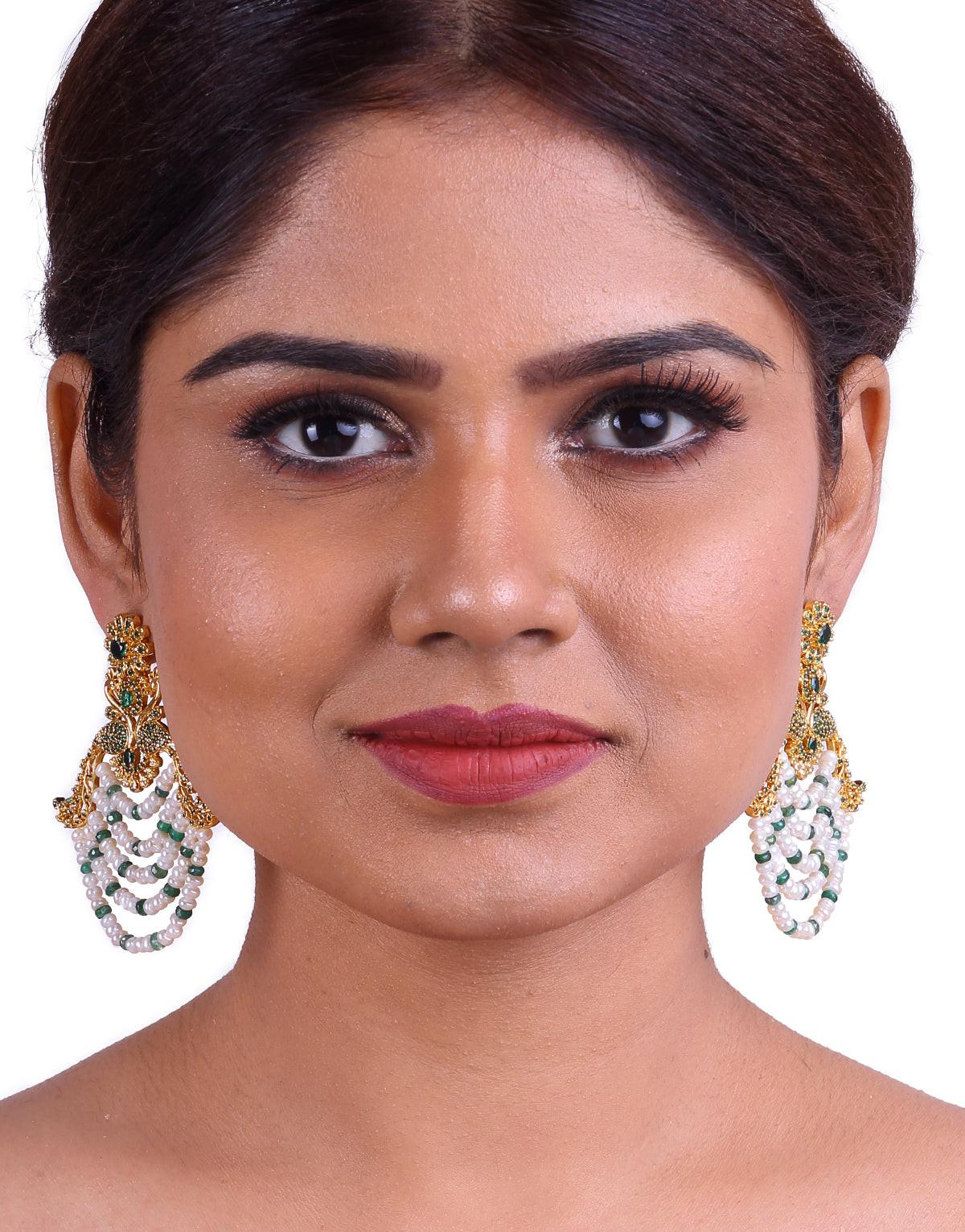 Traditional Chand Bali Pearl & Emerald With Semi Precious Stone