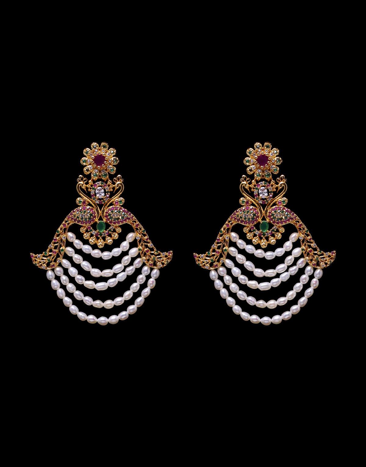 Traditional Chand Bali Pearls With Multi-Color Semi Precious Stone