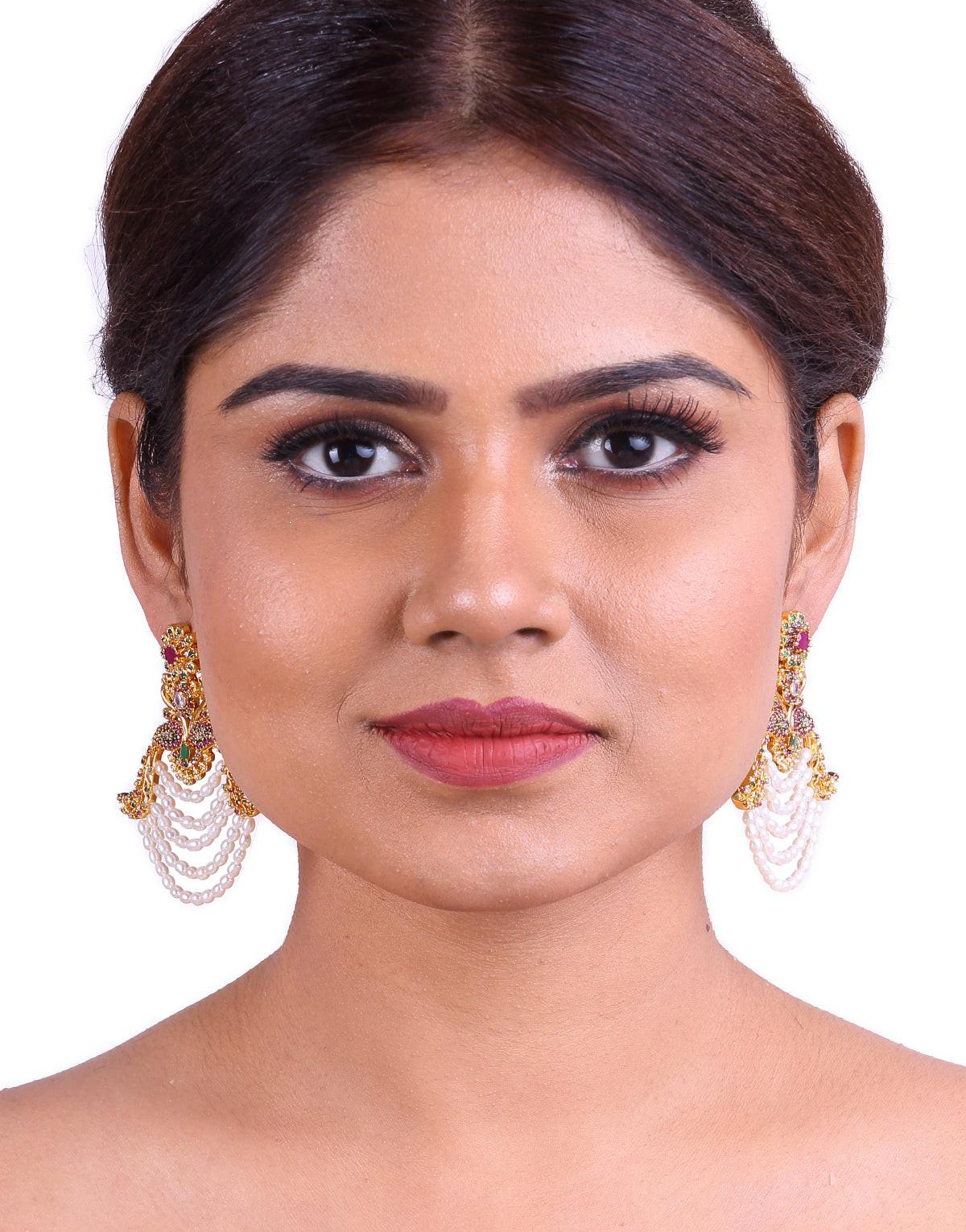 Traditional Chand Bali Pearls With Multi-Color Semi Precious Stone
