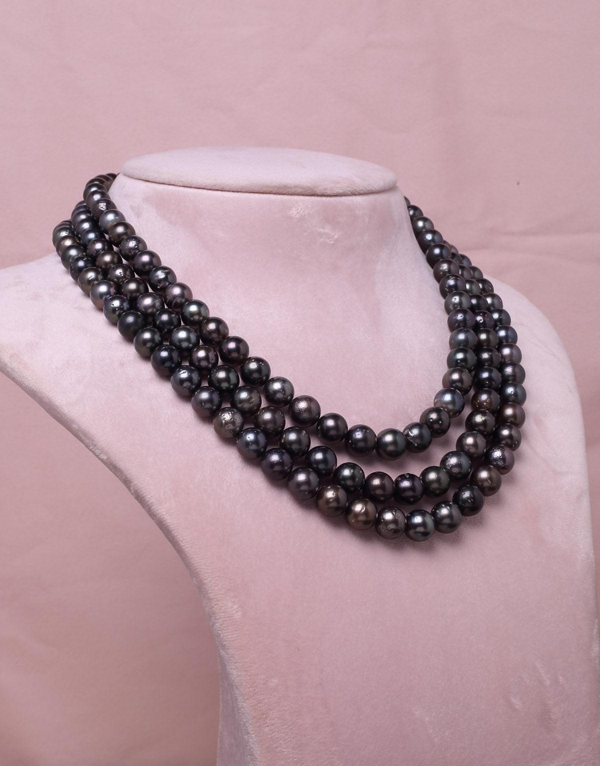 Round Natural-Color Black Tahitian Saltwater Pearl Necklace, 7.5-9.8mm – A Quality