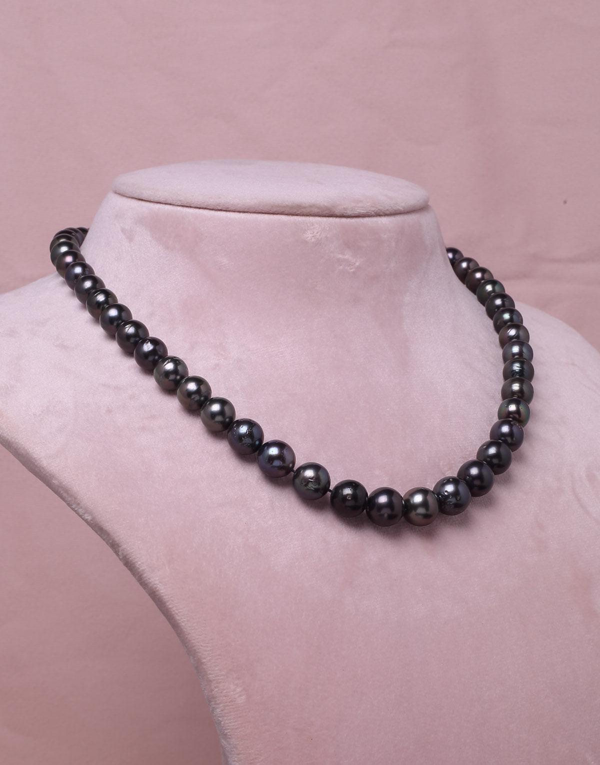 Round Natural-Color Black Tahitian Saltwater Pearl Necklace, 8-10.5mm – AA Quality