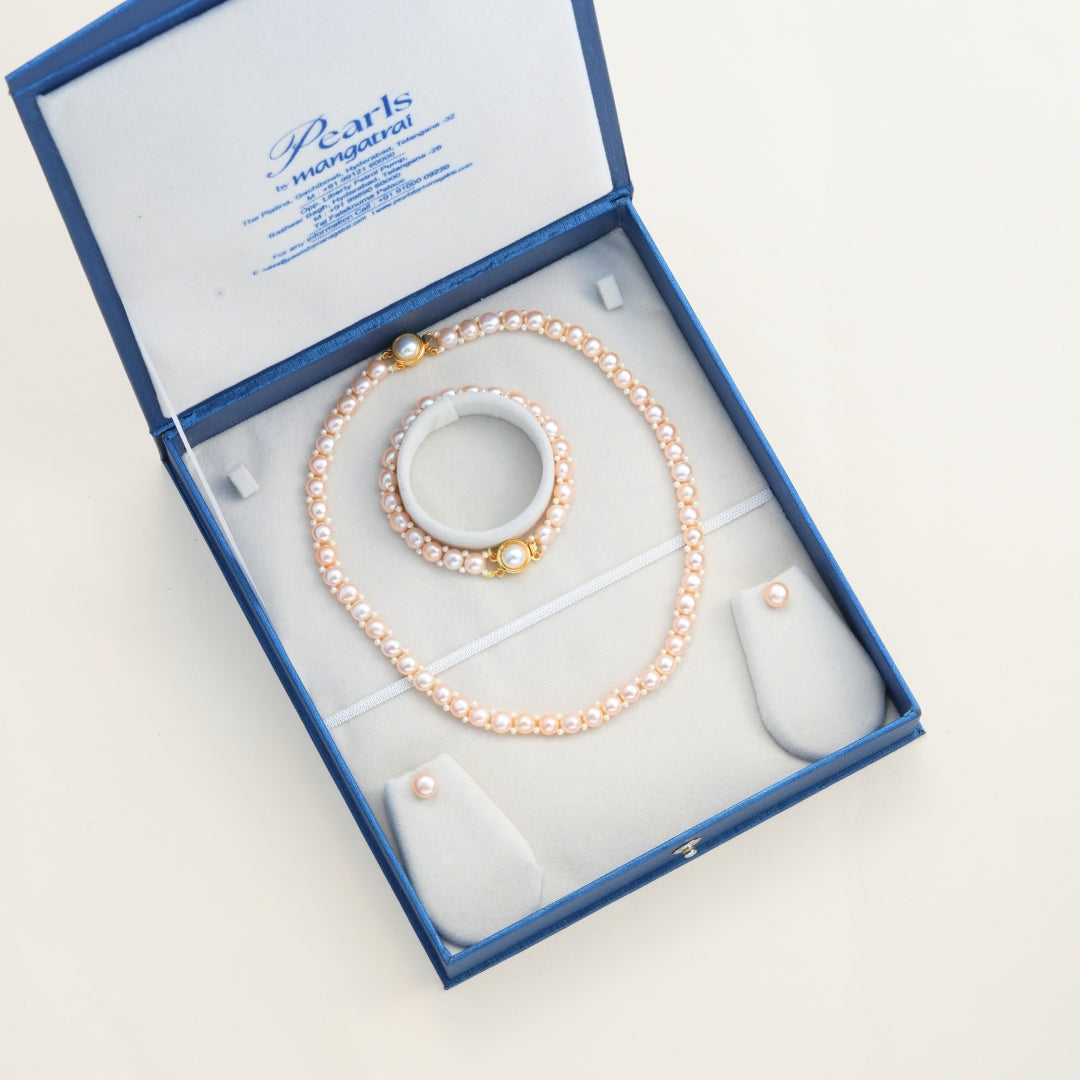 Pink Freshwater Button Pearl Necklace, Bracelet & Stud Earrings Set