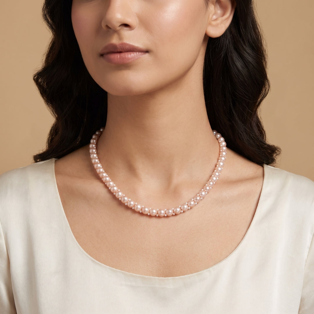 Pink Freshwater Button Pearl Necklace, Bracelet & Stud Earrings Set