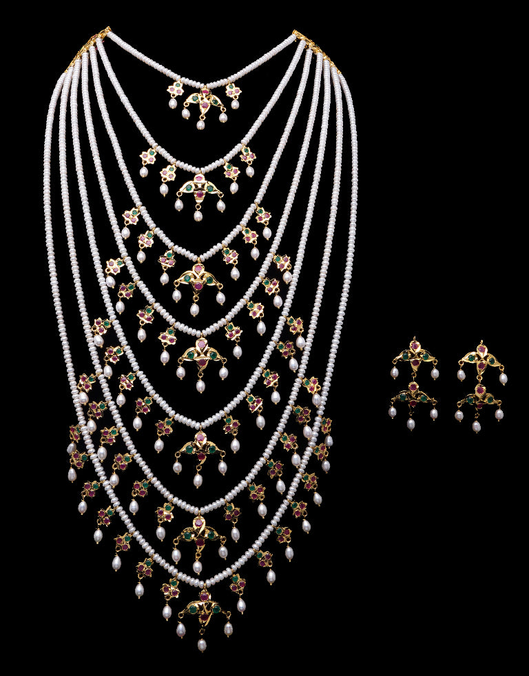 Hyderabadi Traditional Satlada Semi Precious Stone With Freshwater Pearl Necklace Set