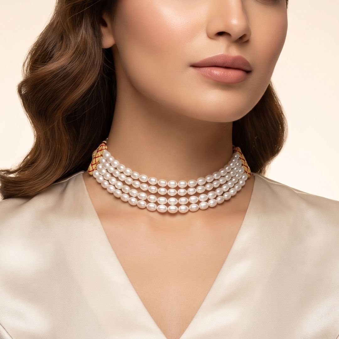 Freshwater Pearl Kalki Choker Necklace Set with Matching Bracelet – White Pearls, Traditional & Elegant