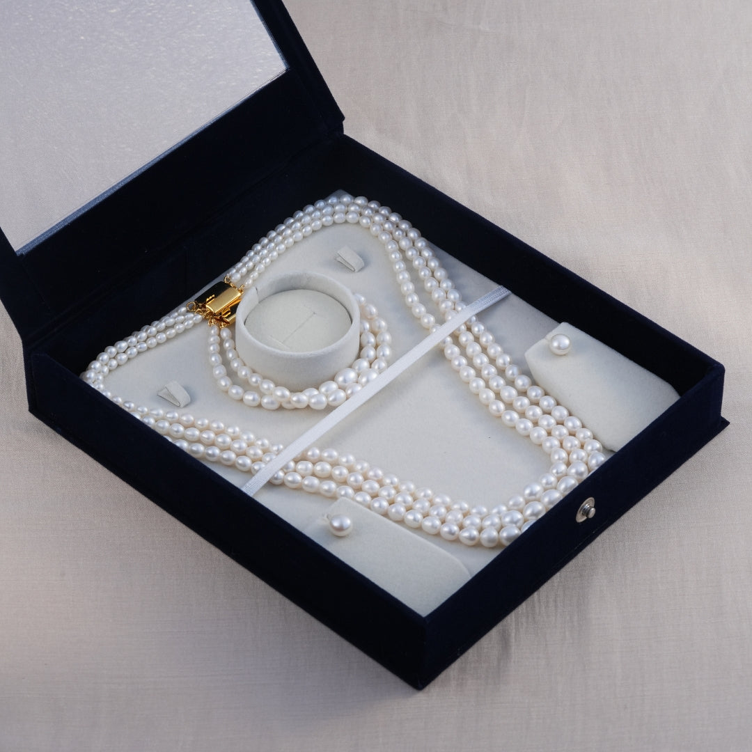 3-Row White Oval-Shaped Graded Freshwater Pearl Necklace Set with Bracelet – 3.5–8.0mm, A Quality