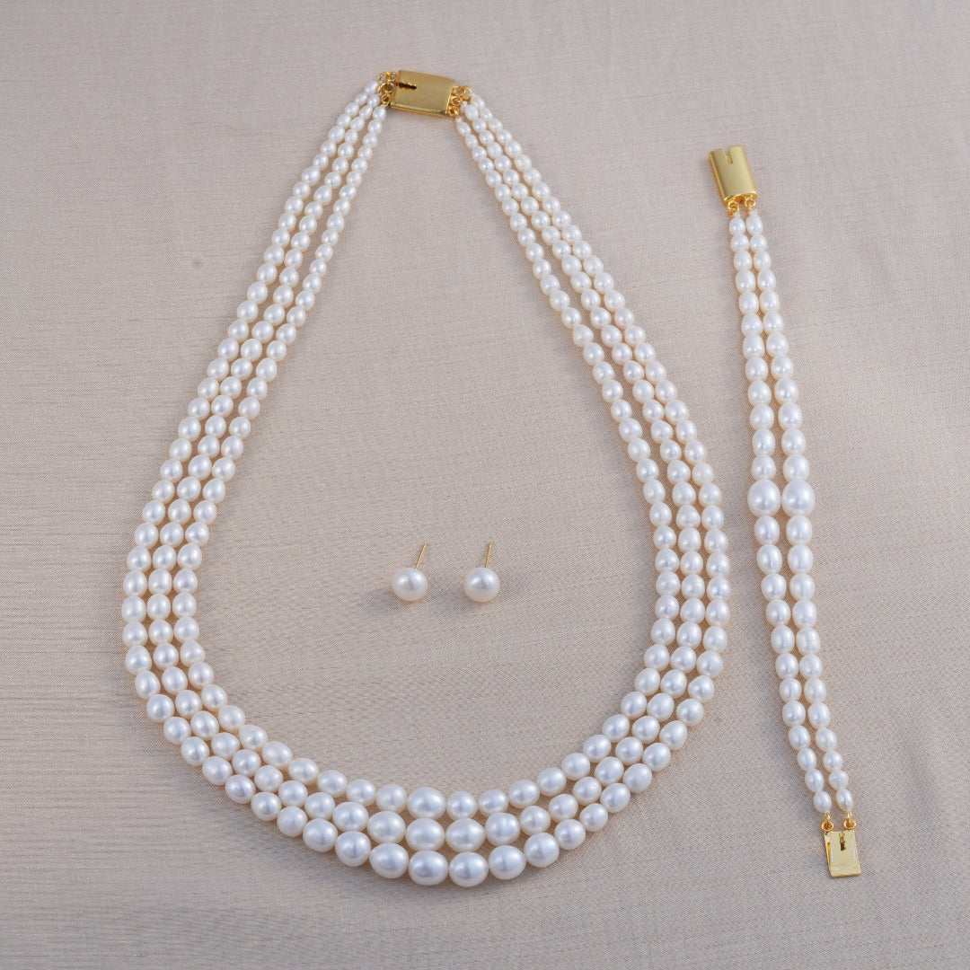 3-Row White Oval-Shaped Graded Freshwater Pearl Necklace Set with Bracelet – 3.5–8.0mm, A Quality