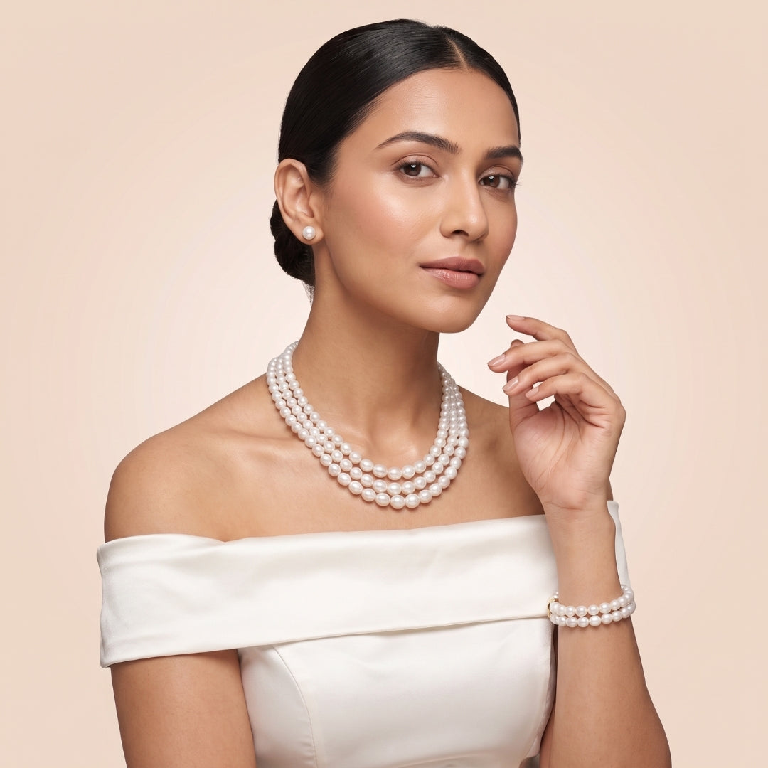3-Row White Oval-Shaped Graded Freshwater Pearl Necklace Set with Bracelet – 3.5–8.0mm, A Quality