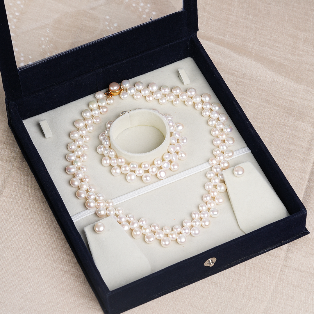 Elegant Freshwater Button Pearl Set with Bracelet