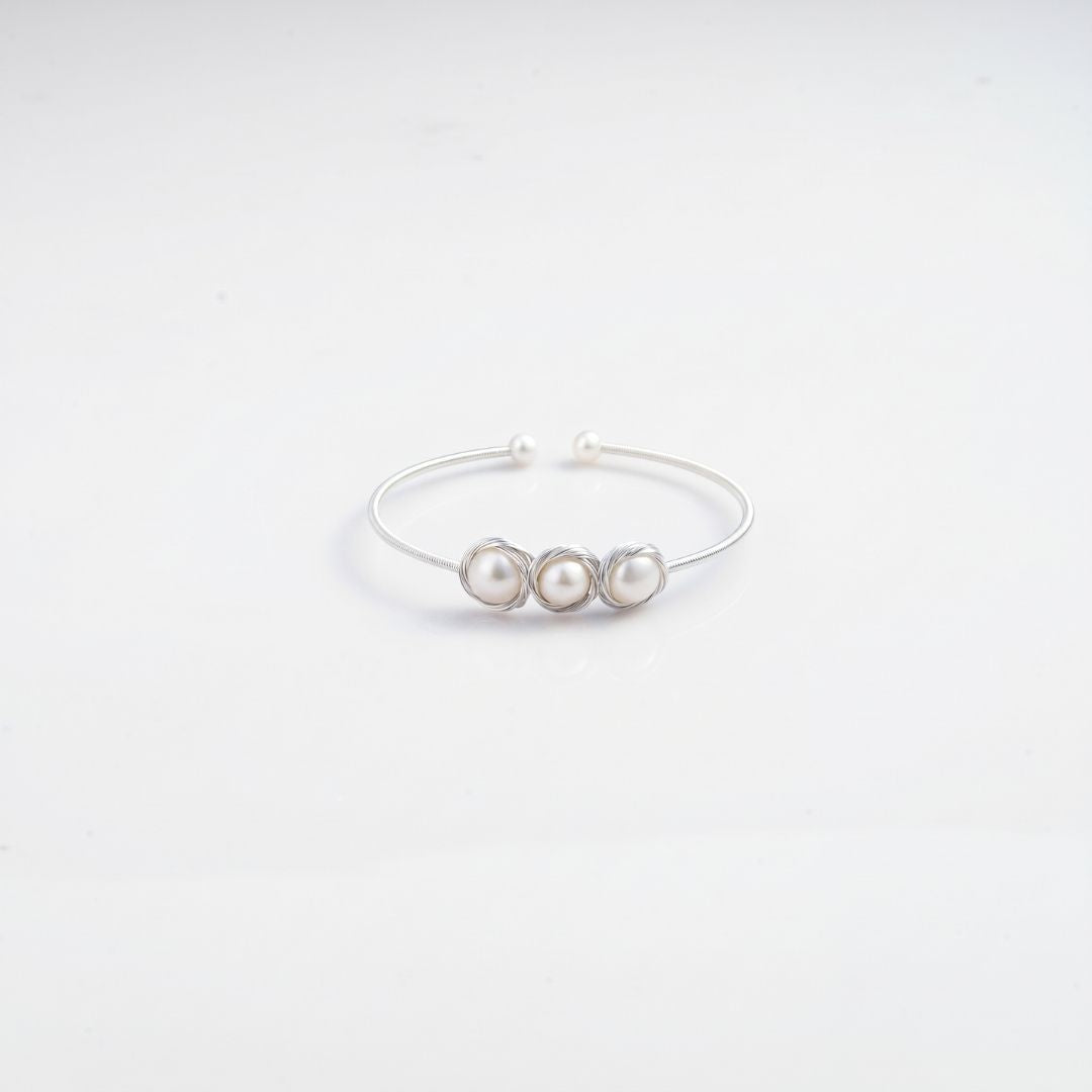 Three Genuine freshwater Pearls Bracelet White Finish