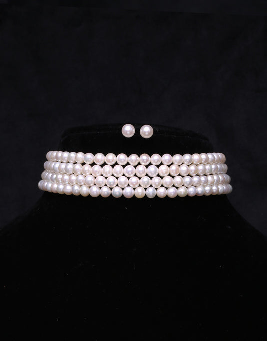 Beautiful 4 Line Freshwater White Pearl Choker Necklace Set