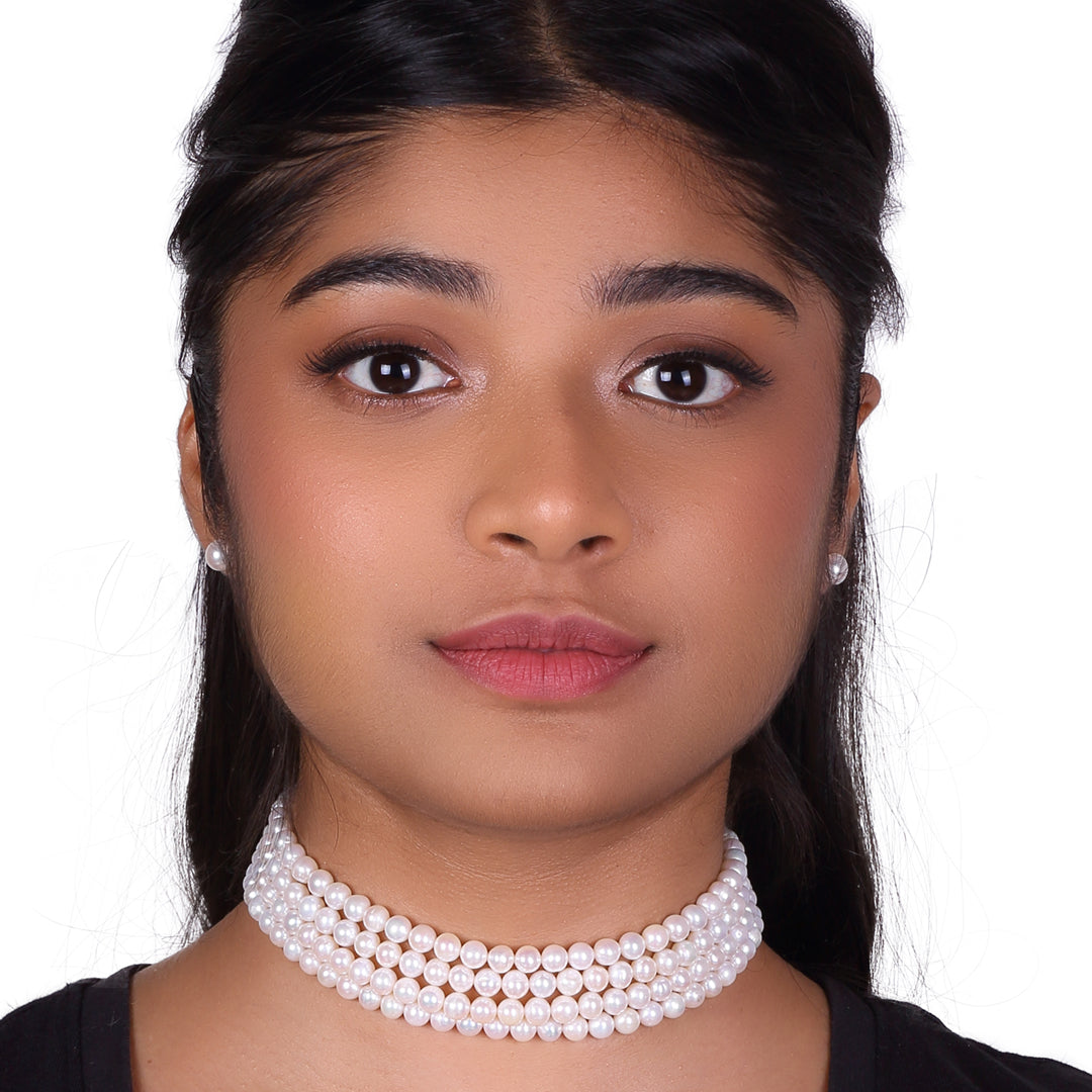 Beautiful 4 Line Freshwater White Pearl Choker Necklace Set