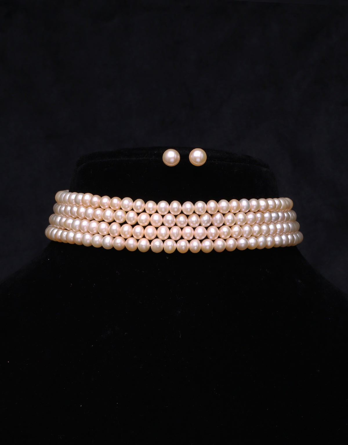 Beautiful 4 Line Freshwater Pink Pearl Choker Necklace Set