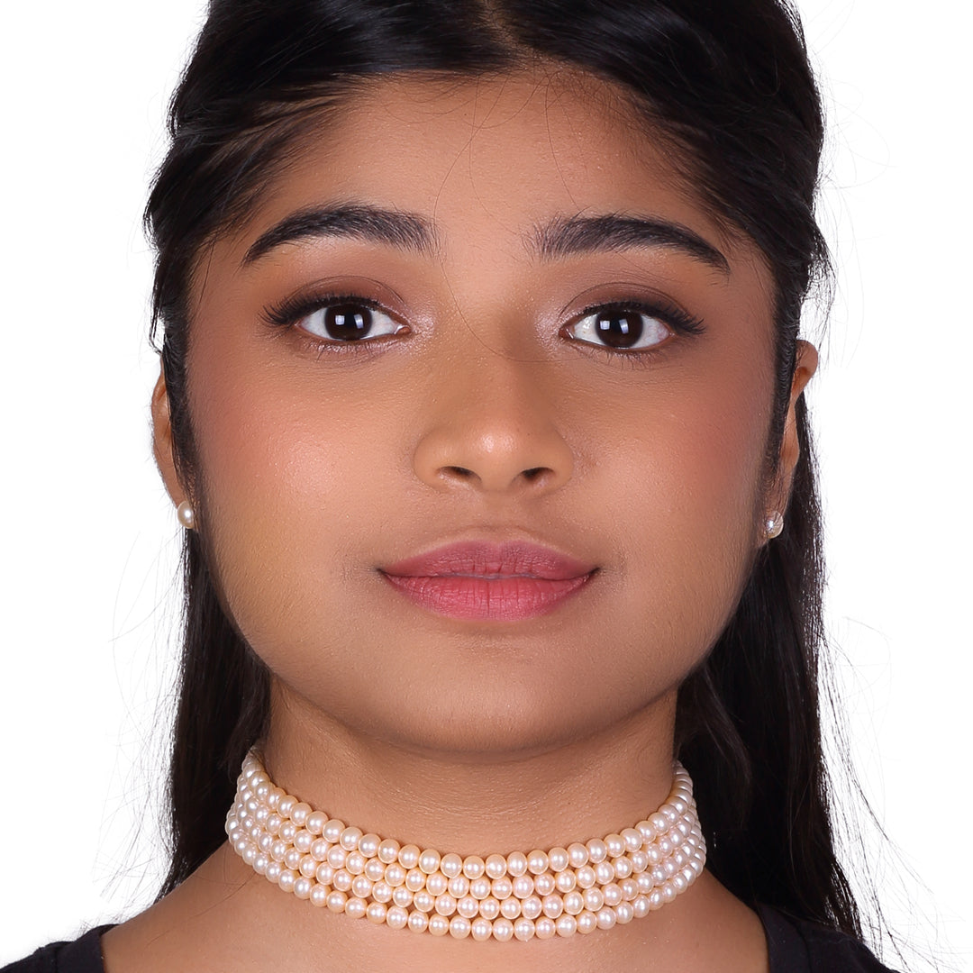 Beautiful 4 Line Freshwater Pink Pearl Choker Necklace Set