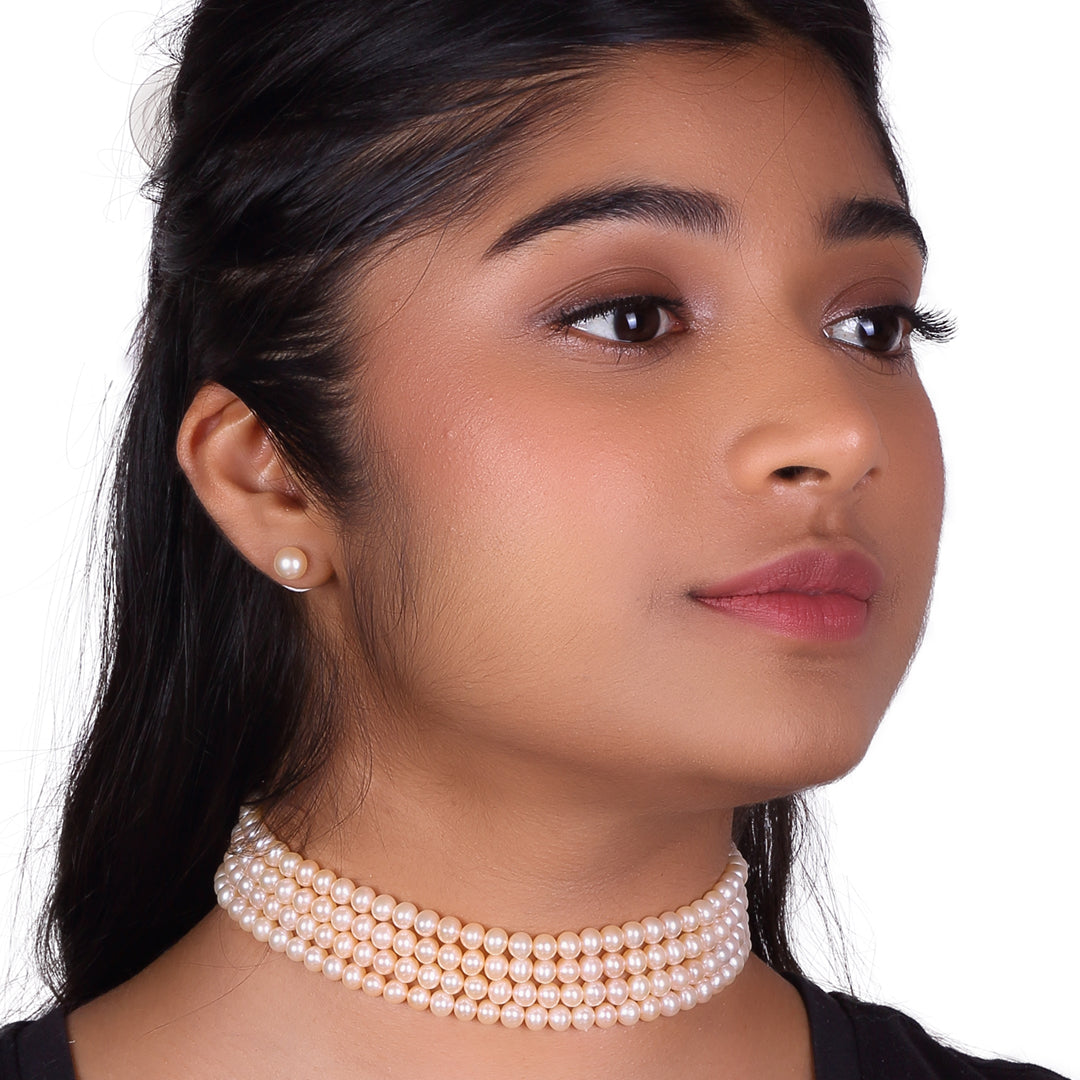 Beautiful 4 Line Freshwater Pink Pearl Choker Necklace Set