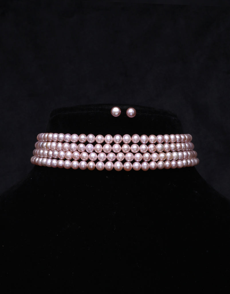 Beautiful 4 Line Freshwater Lavender Pearl Choker Necklace Set