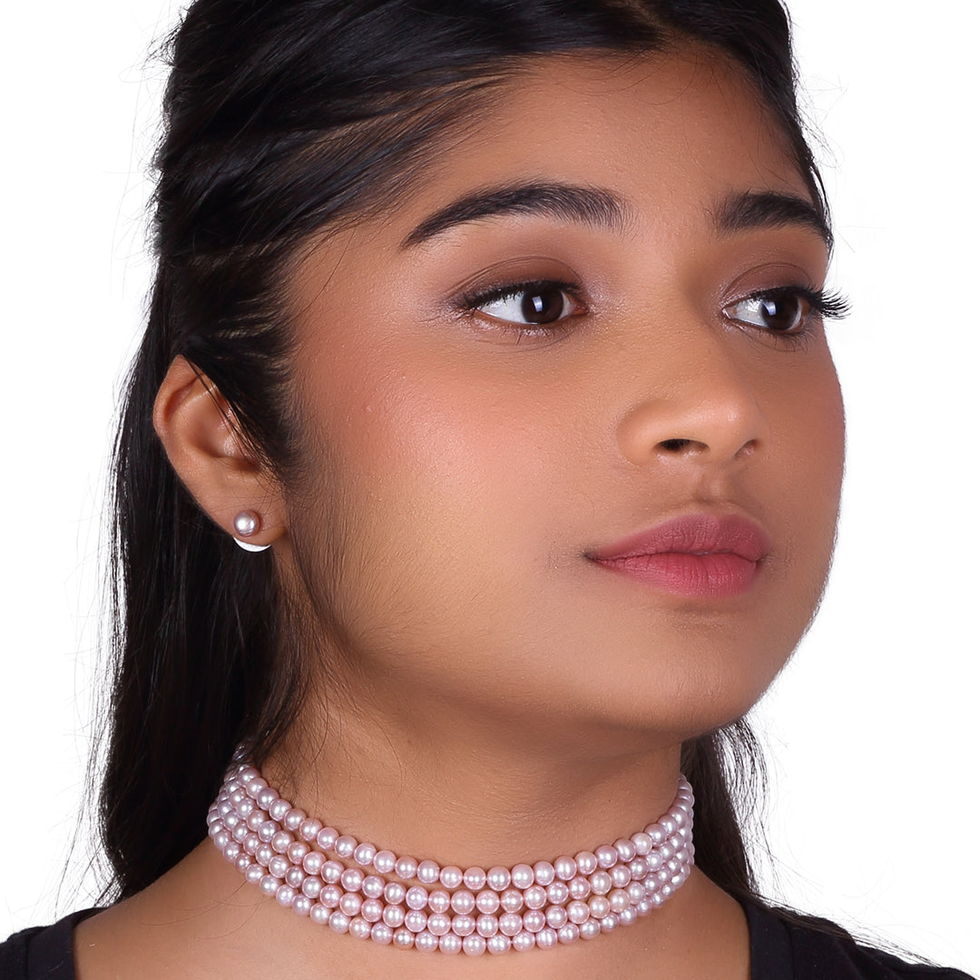 Beautiful 4 Line Freshwater Lavender Pearl Choker Necklace Set