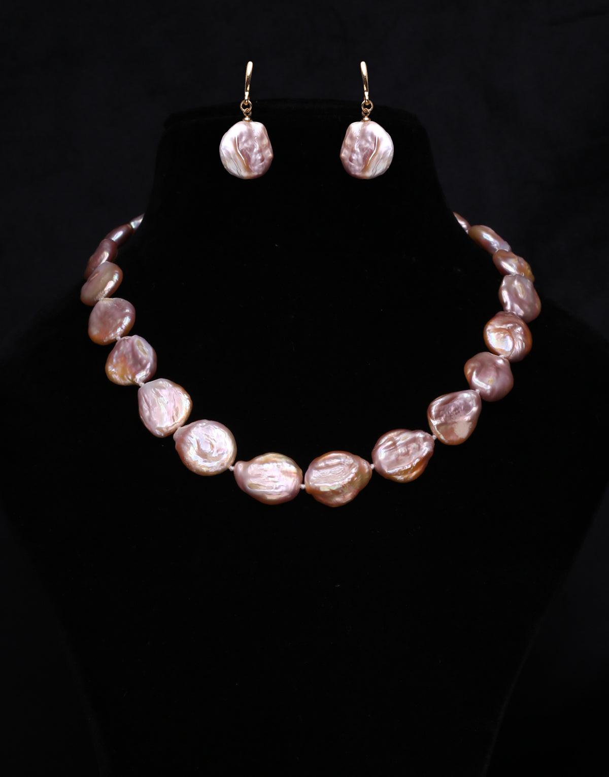 Freshwater Baroque Pink Coin Pearl Necklace Set1