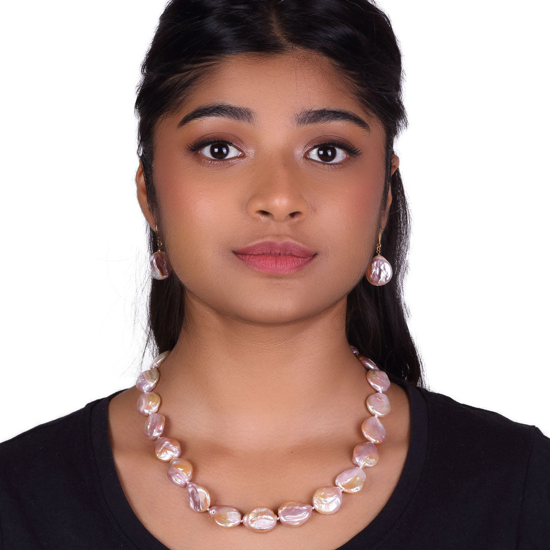 Freshwater Baroque Pink Coin Pearl Necklace Set