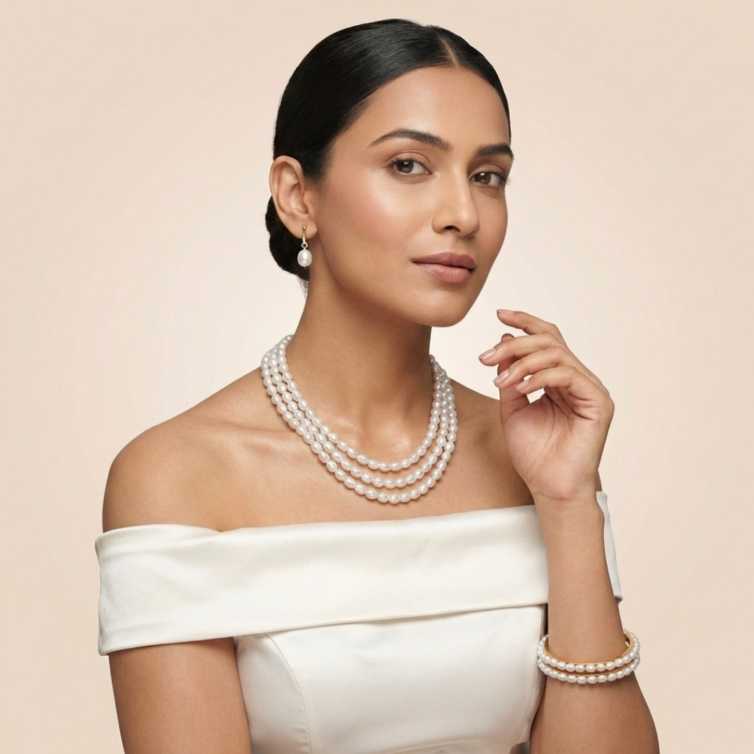 Elegant Freshwater Pearl Necklace, Bangles & Earrings Set