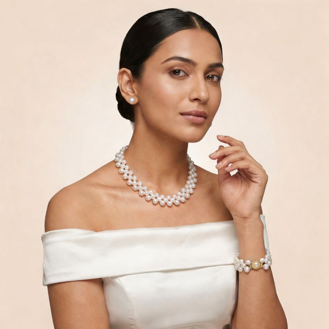 Elegant Freshwater Button Pearl Set with Bracelet