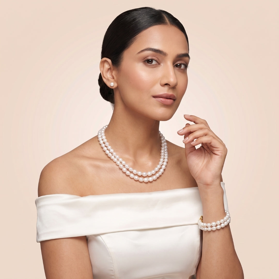2-Row White Oval-Shaped Graded Freshwater Pearl Necklace Set with Matching Bracelet – 3.5–8.0mm, A Quality