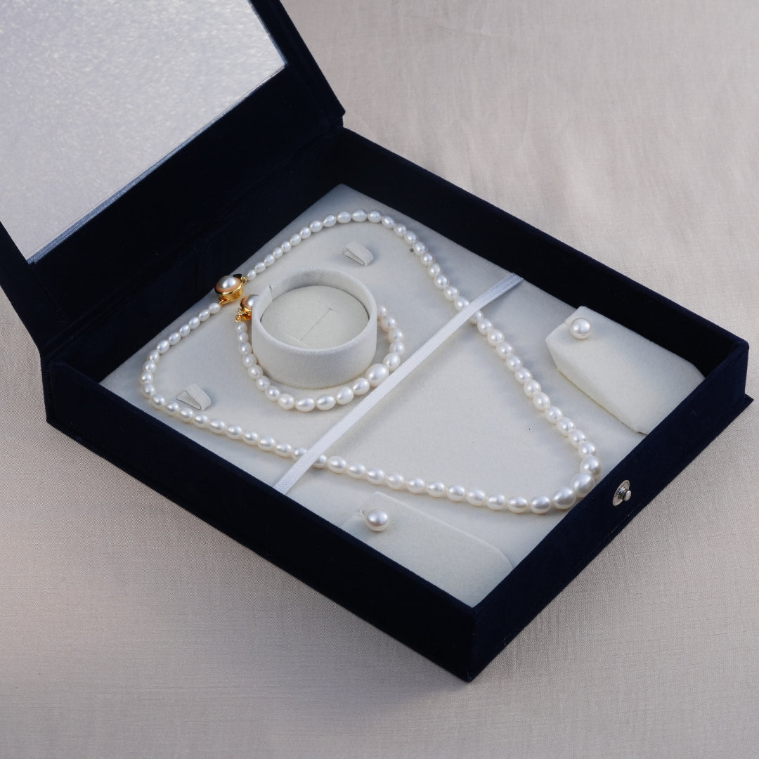 Single-Row White Oval-Shaped Graded Freshwater Pearl Necklace Set with Matching Bracelet – 3.5–8.0mm, A Quality