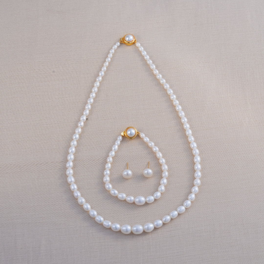 Single-Row White Oval-Shaped Graded Freshwater Pearl Necklace Set with Matching Bracelet – 3.5–8.0mm, A Quality