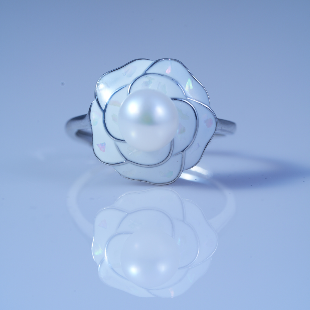 Timeless Pearl Flower White Finish Ring
