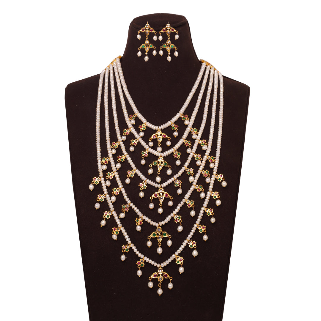 Exquisite Hyderabadi Panchlada Necklace Set with Semi-Precious Stones & Freshwater Pearls – A Five-Layered Masterpiece of Royal Elegance
