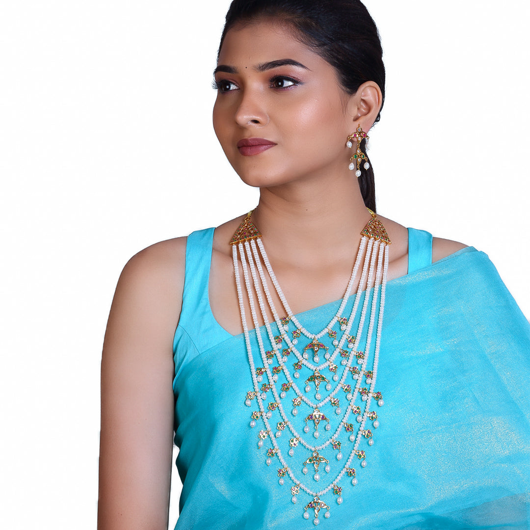 Exquisite Hyderabadi Panchlada Necklace Set with Semi-Precious Stones & Freshwater Pearls – A Five-Layered Masterpiece of Royal Elegance